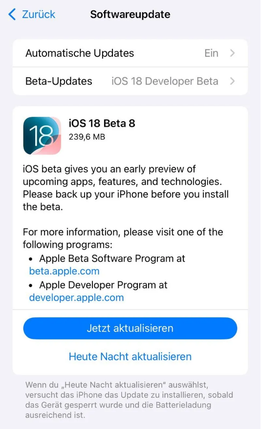 名山苹果手机维修分享苹果 iOS / iPadOS 18 开发者预览版 Beta 8 发布 